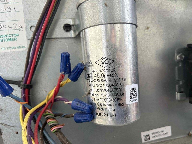Performed routine care plan tune-up on dual heat pump system with two air handlers. Inspected interior components including cooling coils and 45.0μF capacitor (rated at 440 VAC). Customer provided their own filters (20x20x1 for upstairs unit and 16x25x1 for basement unit).