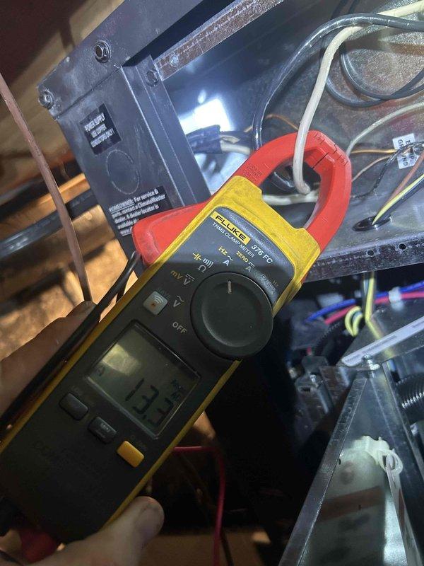 Performed scheduled care plan tune-up on dual geothermal systems located in crawl space. Conducted electrical diagnostics using clamp meter, recording amperage readings of 1.25A during operation. Noted 20x25x2 filter not included in service.