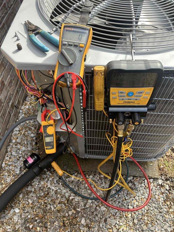 Performed scheduled care plan tune-up on dual HVAC system (heat pump and air handler x2) located in attic and first floor. Conducted comprehensive diagnostic testing using Fluke 302+ clamp meter and Fieldpiece digital analyzer to verify proper electrical readings and system pressures on the outdoor condensing unit. Customer-supplied 20x20x1 filter was installed during service.