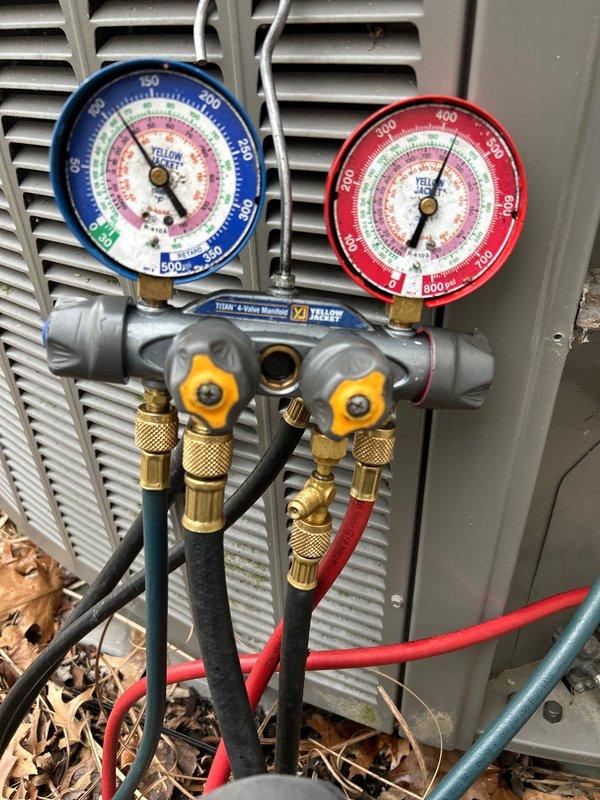 Responded to no heat complaint on 7-year-old heat pump system (installed 2019). Performed diagnostic testing with manifold gauges which revealed low refrigerant pressure affecting heating performance. Replaced dirty air filter with new standard pleated filter to improve airflow and system efficiency.