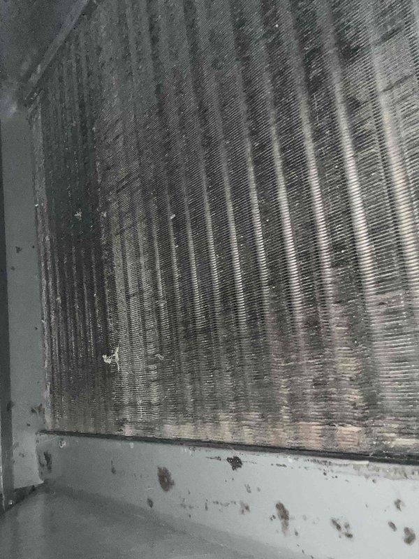 Inspected dual HVAC systems per pre-purchase inspection request. Found severely clogged air filter completely obstructed with dust and debris, significantly restricting airflow. Evaporator coil exhibited extensive contamination with accumulated particulate matter, indicating prolonged lack of maintenance. Documented condition with photos for customer review and discussed potential repair options.