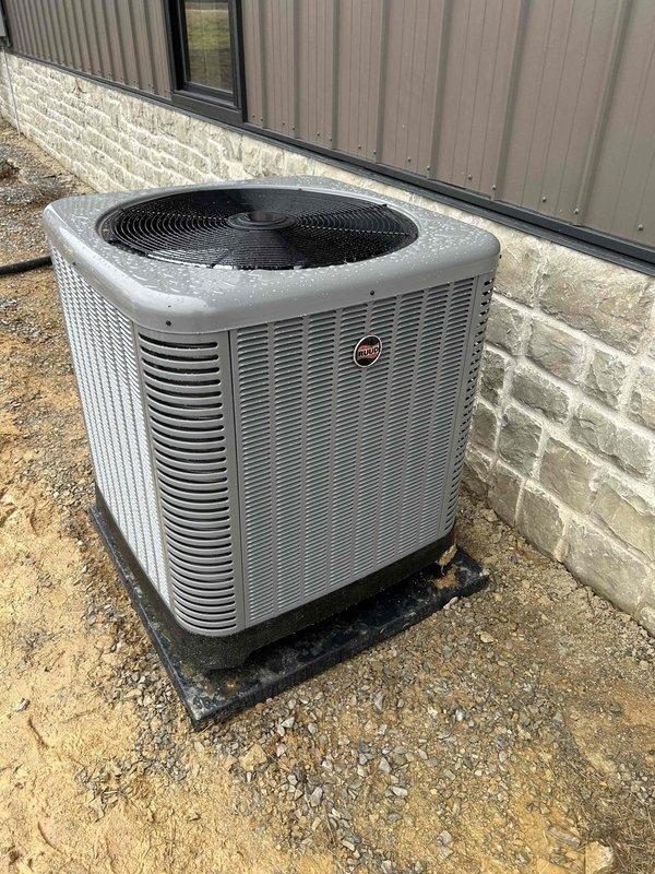 Successfully installed a complete HVAC system in an office space renovation, including a 3-ton 14 SEER2 Rheem/RUUD heat pump with R-454B refrigerant, 15kW auxiliary heat kit, and multi-positional air handler. System installation included comprehensive ductwork, safety components (overflow pan, water sensors), digital programmable thermostat, and venting for two customer-supplied bath fans.