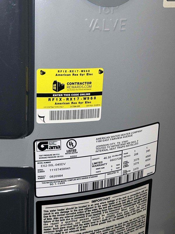 Conducted inspection of 47-gallon American electric water heater located in utility closet between kitchen and dining room. Evaluated existing copper plumbing connections, including L-shaped pipe configuration with brass fittings and valve mechanism. Documented unit specifications (Model E62-50L-045OV) and current installation condition for estimate purposes.