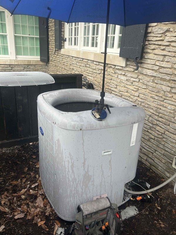 Responded to service call for AC unit with damaged fan and refrigerant leak. Upon inspection, found fan blade had broken off and impacted refrigerant line, causing system leak. Replaced damaged fan assembly and repaired refrigerant line, then recharged system to manufacturer specifications after verifying no additional leaks were present.