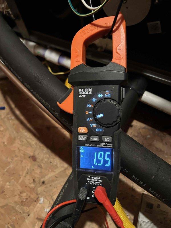 Completed Care Plan Tune Up on two air conditioners and two gas furnaces located in attic and basement. Performed comprehensive electrical testing using Klein Tools clamp meter, verifying proper amperage readings (0.39A and 1.95A) on system components. Customer-supplied filters were installed during maintenance.