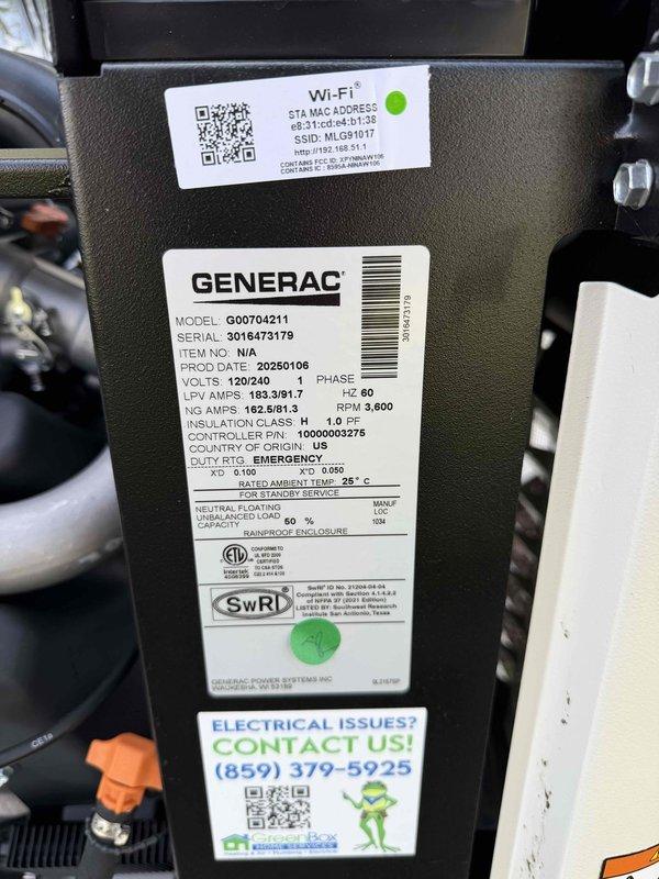 Completed free initial maintenance service on Generac Evolution 2.0 22KW generator (Model #G00704211, S/N 3018473179). Unit was operational with 4.9 run hours recorded. Inspected control panel functionality and verified proper operation of transfer switch located in basement.