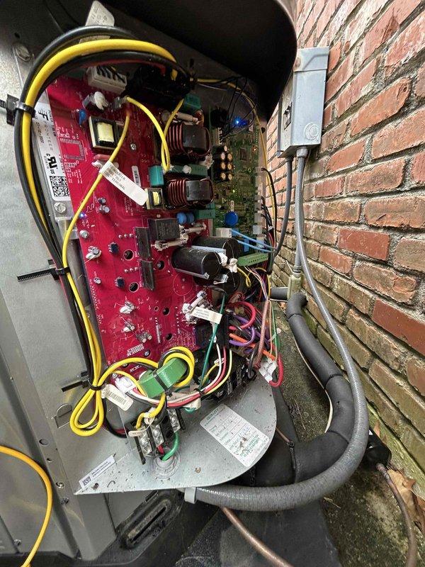 Performed final maintenance tune-up on dual AC/gas furnace systems located in crawl space, with customer-supplied 16x25x4 filters. Inspected electrical control panel components and connections, verified proper operation of circuit boards. Examined under-structure PVC piping, insulated ductwork, and support systems for integrity and proper installation.