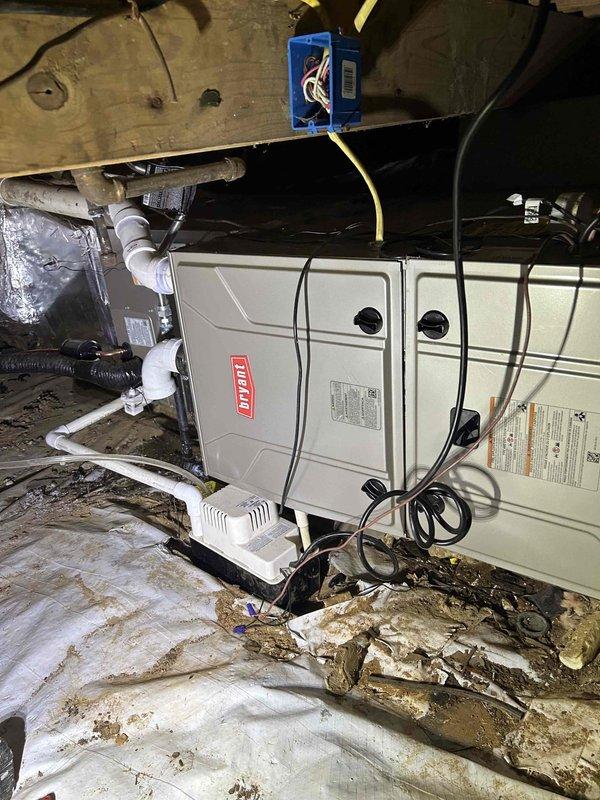 Successfully installed a complete Bryant two-stage HVAC system, including an 80K BTU 97% efficient furnace, 3-ton 18 SEER2 AC unit with matching evaporator coil, and WiFi thermostat. Replaced existing refrigerant line set that was causing system performance issues and installed a new condensate pump to ensure proper drainage.