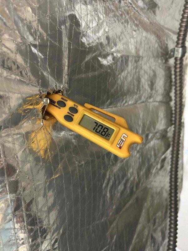 Responded to callback for two non-cooling systems installed in November. Diagnostic testing revealed supply air temperature of 70.8°F and return air temperature of 95.5°F, confirming inadequate cooling performance despite thermostats being properly set to cool mode at 68°F with fans operational. Systems require refrigerant charge verification and potential further diagnosis.