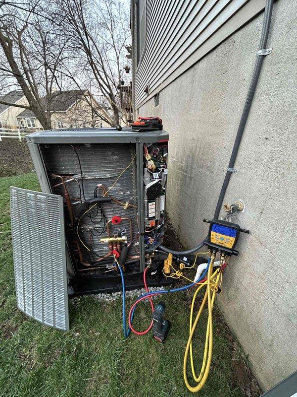 Responded to no cooling complaint on 4-month-old heat pump system. Diagnostic testing revealed faulty control board displaying error code 37. Performed refrigerant pressure check with manifold gauges, confirmed proper charge, and replaced defective circuit board to restore normal cooling operation.