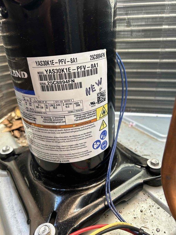 Completed first-year warranty service on Lennox system by replacing faulty compressor with new YAS30K1E-PFV-8A1 model (serial 25C8894EN). Documented installation with required photographs of both old and new compressor tags for warranty claim submission and properly sealed the old compressor as per Lennox requirements.