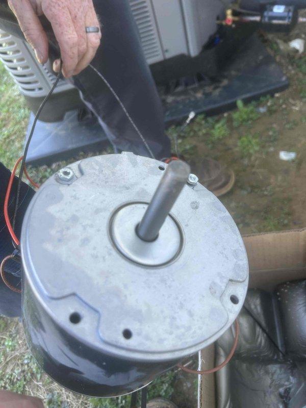 Replaced warranty condenser fan motor in outdoor HVAC unit after confirming part availability at 2J supply house. Removed failed motor showing signs of corrosion, installed new unit with proper electrical connections, and returned defective part to supplier with appropriate warranty documentation.