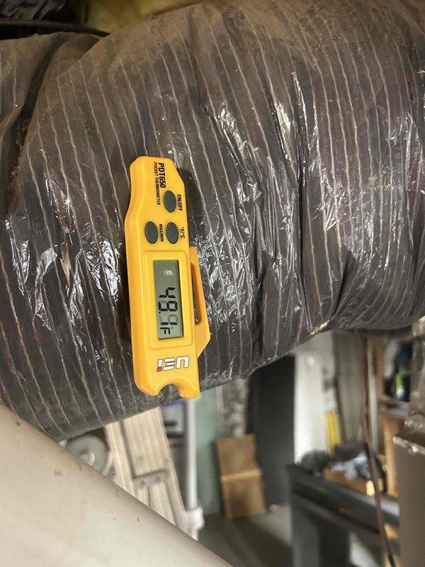 Completed Care Plan Tune Up on AC/GF unit located in basement. Performed temperature differential testing with readings of 48°F at supply duct and conducted electrical diagnostics measuring 32.9 amps on the condensing unit. Replaced 16x25x4 air filter as part of maintenance service.