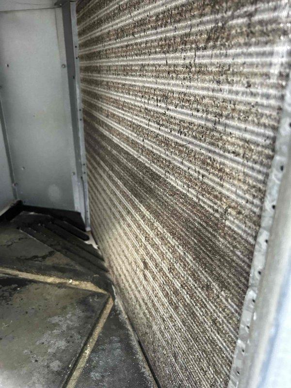 Performed diagnostic evaluation on a gas furnace/AC system under 10 years old that was experiencing limited airflow distribution. Inspection revealed severely contaminated evaporator coil with extensive dirt, dust, and organic buildup between fins, significantly restricting airflow and causing system to deliver conditioned air through only one supply vent. Thoroughly cleaned evaporator coil to restore proper system performance and airflow distribution.