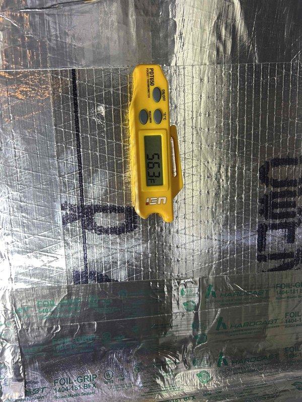 Performed routine maintenance on basement AC/GF unit. Inspected Aprilaire 410 humidifier as customer reported operational issues. Conducted temperature measurements and verified proper function of outdoor condenser unit located against brick exterior wall.