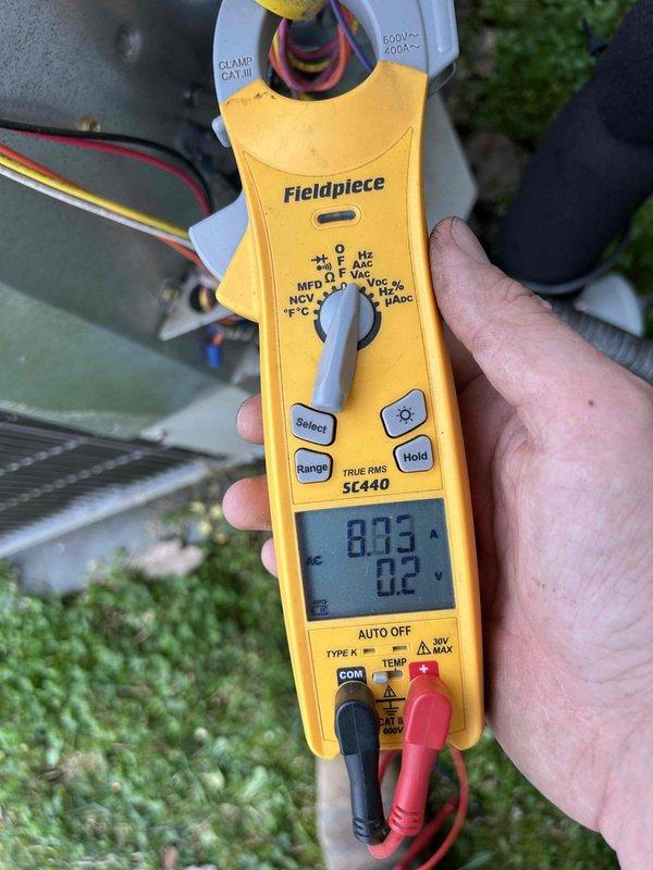 Performed Care Plan Tune Up on heat pump and air handler system located in attic. Conducted electrical testing with Fieldpiece SC440 clamp meter showing 8.75A current draw and 0.2V readings. Inspected JARD capacitor (45+5μF) which showed signs of dust accumulation but remains functional. Customer supplies filters as noted.