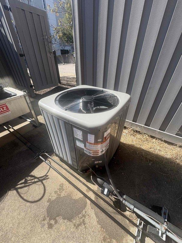 Completed installation of a RUUD 3-ton 3-phase Heat Pump system with matching RUUD 3-ton Air Handler and 15KW Heat Kit, including a new digital thermostat. Utilized existing disconnect and whip, properly positioned outdoor condenser unit on concrete pad with appropriate line connections, and removed/disposed of previous equipment according to code requirements.