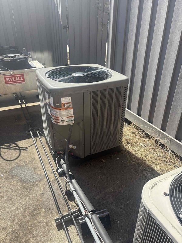 Completed installation of a RUUD 3-ton 3-phase Heat Pump system with matching RUUD 3-ton Air Handler and 15KW Heat Kit, including a new digital thermostat. Utilized existing disconnect and whip, properly positioned outdoor condenser unit on concrete pad with appropriate line connections, and removed/disposed of previous equipment according to code requirements.