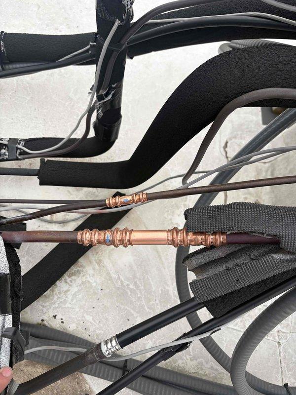 Performed lineset replacement for unit #512 due to leak. Successfully completed leak search, pressure tested the copper pipes and fittings, evacuated the system, and recharged with R-410A refrigerant according to specifications. Verified proper system operation after repair.