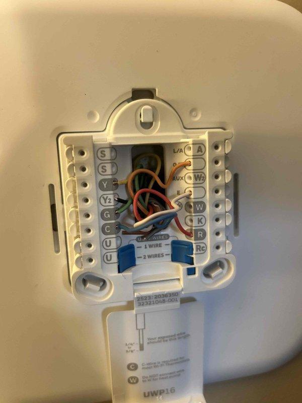 Responded to callback for newly installed system with no heat operation. Upon inspection, identified and corrected improper thermostat wiring configuration at terminal block. Verified proper system operation after rewiring connections according to manufacturer specifications, restoring heating function.