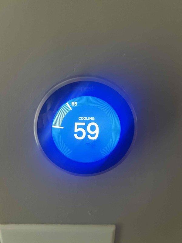 Performed scheduled cooling tune-up on customer's Nest thermostat system (less than 5 years old). Verified proper operation of the thermostat, confirmed cooling mode functionality, and checked temperature calibration. System is operating normally with no issues identified during the maintenance service.