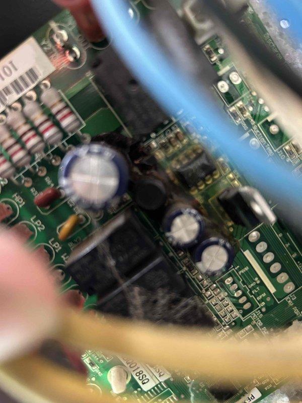 Performed diagnostic inspection on heat pump system that was running on auxiliary heat mode after previous maintenance. Identified fault in control board circuitry and replaced defective PCB with compatible unit. System now operating normally with proper staging sequence and no auxiliary heat engagement during standard operation.