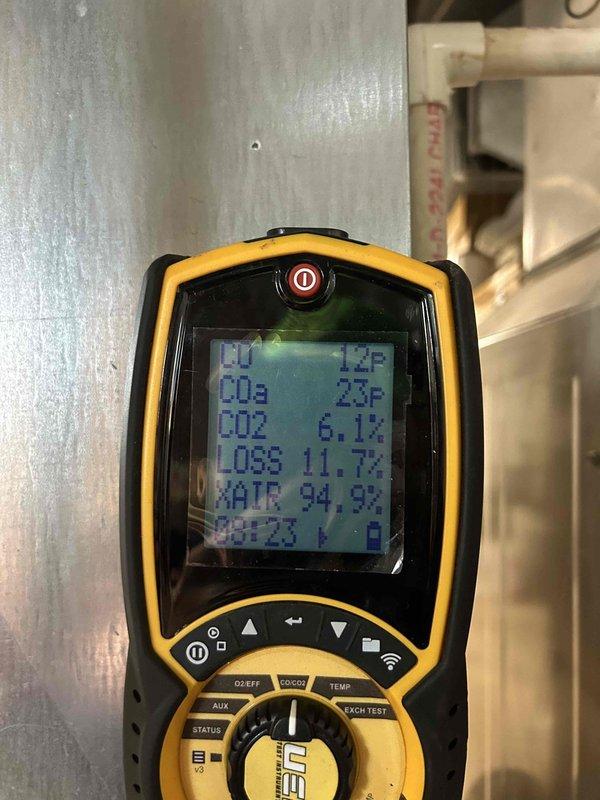 Performed diagnostic testing on gas furnace system experiencing noise during operation and burning odor. Combustion analysis revealed elevated CO2 levels at 6.1% and O2 at 10.2%, with efficiency readings showing 11.7% heat loss and 94.9% excess air. Testing confirmed improper combustion as the source of the burning smell, and repairs were completed to restore safe and efficient operation.