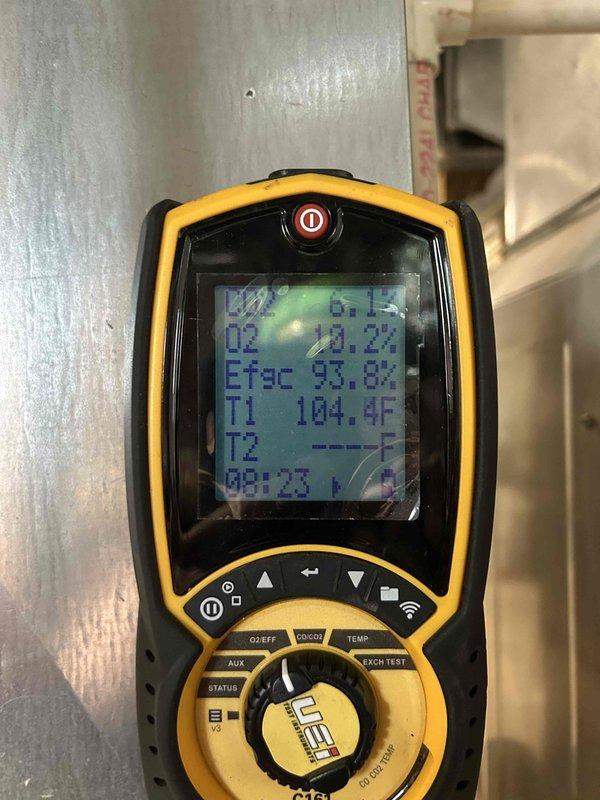 Performed diagnostic testing on gas furnace system experiencing noise during operation and burning odor. Combustion analysis revealed elevated CO2 levels at 6.1% and O2 at 10.2%, with efficiency readings showing 11.7% heat loss and 94.9% excess air. Testing confirmed improper combustion as the source of the burning smell, and repairs were completed to restore safe and efficient operation.
