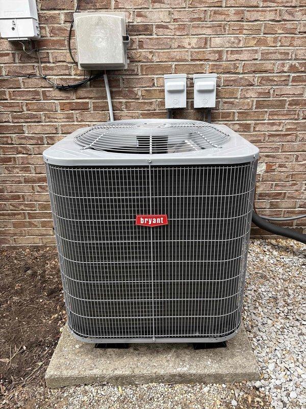 Successfully installed a complete Bryant 2-ton 14.3 SEER2 heat pump system (model GH5SAN52400A) paired with a Bryant 2-ton air handler featuring a 10KW heat kit (models FJ5ANXB24L00 and TU-EC-10BKB). The installation included proper insulation of line sets in the attic where needed, replacement of the auxiliary pan safety switch, and connection to the existing thermostat and filter grille.