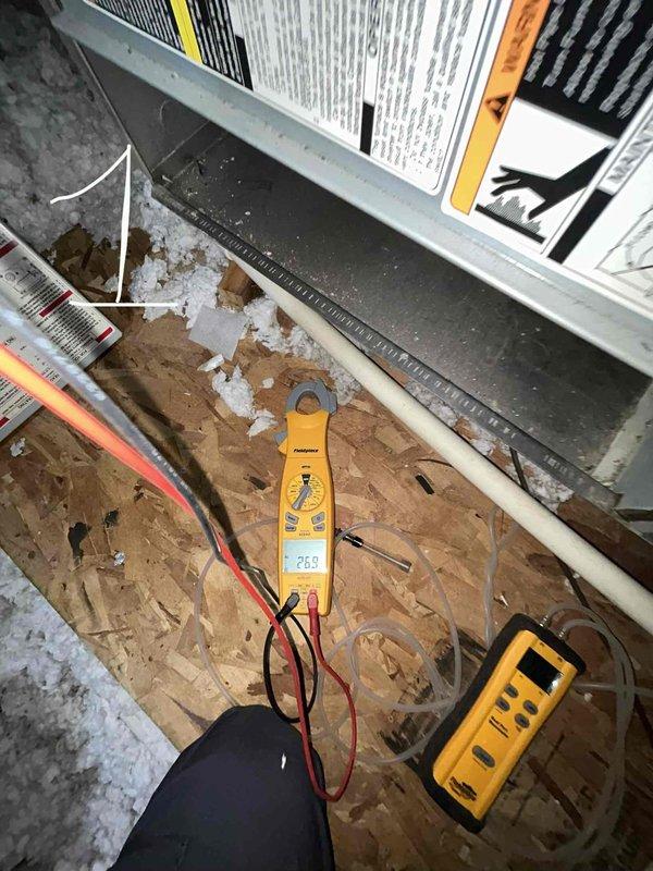 Performed scheduled Care Plan Tune Up on three AC units, three gas furnaces, and humidifier #35. Replaced air filters with one 20x20x1 and two 16x25x1 filters. Conducted electrical component inspection and testing, measuring voltage readings on capacitors to ensure proper operation of all systems.