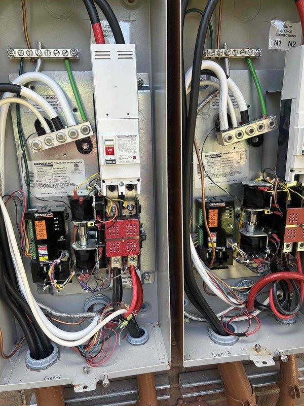 # Generator Maintenance Service Summary

Completed full preventive maintenance service on two Generac 24KW air-cooled generators with associated automatic transfer switches (Gen-1 and Gen-2). This was the first maintenance performed on these units since original installation by another contractor.

## Work Performed

Conducted comprehensive maintenance procedures on both generator units including inspection of all major components, fluid level checks, filter services, and operational testing. Verified proper function of Evolution 2.0 control panels on both units, confirming display readings and control button operations. Run hour meter on inspected unit showed 12.5 hours of operation.

Inspected and documented condition of both automatic transfer switch panels. Verified integrity of all electrical connections including utility source connections, load circuits, and grounding conductors. Examined terminal blocks, contactors, control modules, and associated wiring for proper installation