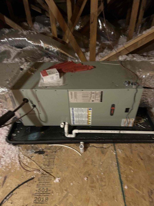 Completed comprehensive care plan maintenance on dual-zone heat pump system with air handlers located in basement and attic. Performed standard tune-up procedures on both units including inspection of electrical connections, refrigerant levels, and condensate drainage systems. Notable findings included significant dust and debris accumulation with visible biological growth beneath evaporator coil assembly in attic unit, documented via photographs for customer records. Customer elected to provide their own air filters for both systems.