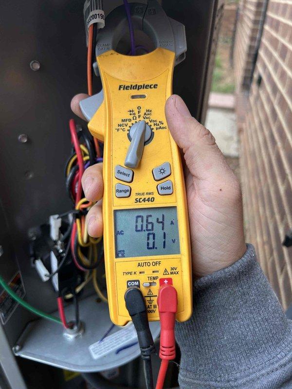 Completed annual Care Plan maintenance tune-up on basement AC/gas furnace unit with 16x25x4 filter. Performed comprehensive system inspection, took electrical amp draw readings using clamp meter showing 0.64A, verified proper operation of all mechanical components, and documented equipment condition with photos of internal assembly and electrical connections.
