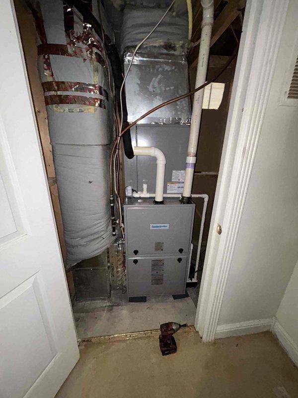 Completed scheduled Care Plan tune-up on air conditioning system and gas furnace located in basement. Performed comprehensive maintenance inspection of HVAC equipment, including assessment of Filtrete air filtration system which showed significant dust accumulation on components and ductwork. Serviced furnace unit and associated condensate drainage/venting PVC piping, inspected refrigerant lines with insulation wrapping, and evaluated water heater secured with seismic strapping. Customer provides their own filters as part of their maintenance plan. All systems operational upon completion of tune-up service.