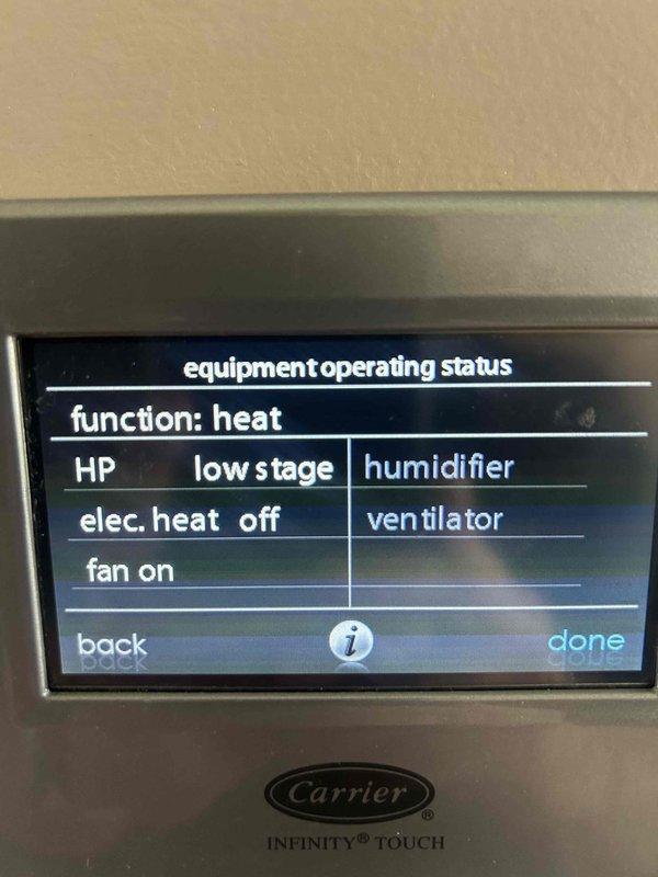 Responded to error code 179 on Carrier Infinity system reporting operation on emergency heat. Upon inspection, verified heat pump was cycling properly on low stage heating mode with electric heat strips remaining off as designed. Diagnosed error code as false alarm related to thermostat communication issue. Cleared fault code from system memory, confirmed proper refrigerant line connections at outdoor unit, and verified thermostat displaying correct equipment operating status with heat pump functioning as primary heat source. System restored to normal heating operation without requiring emergency heat mode.