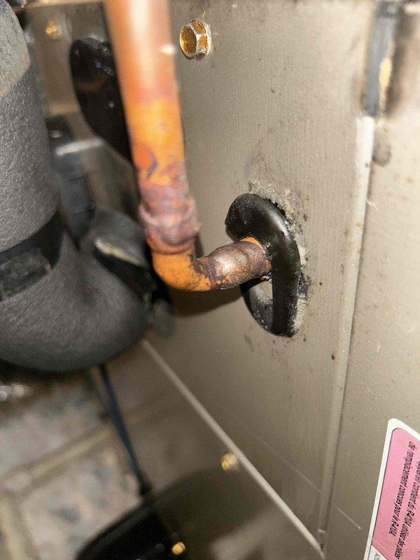 Responded to no-cooling complaint on 3-year-old electric heat pump system potentially damaged during recent ice storm. Performed Club Duo maintenance on heat pump and gas furnace units located in attic and crawl space. Utilized digital manifold gauges to diagnose refrigerant system, measuring operating pressures and temperatures on both high and low sides of the system. Inspected copper refrigerant lines showing heat discoloration and oxidation at service port connections. Completed comprehensive maintenance procedures including system performance evaluation, refrigerant charge verification, and visual inspection of all accessible components. Customer-provided filters were due for replacement during service visit. System diagnostics and maintenance performed to restore cooling functionality and ensure proper operation for upcoming cooling season.