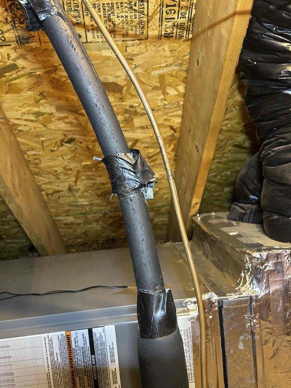 Responded to warranty call for outdoor unit noise complaint. Inspected HVAC system including attic components and outdoor unit electrical connections. Documented system condition with photos showing ductwork, insulation, and control wiring with multiple wire connections secured by wire nuts and capacitor assembly. Awaiting manufacturer approval from Rheem for potential unit replacement per established warranty protocol.
