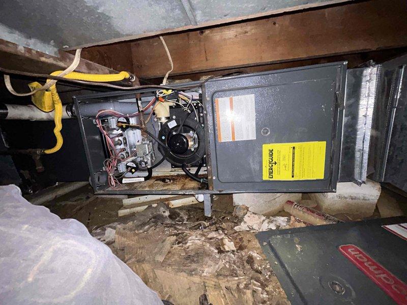 Performed comprehensive system evaluation on 20-year-old York HVAC unit located in crawlspace to provide third-party assessment regarding repair versus replacement recommendation. Conducted thorough inspection of furnace components, including blower motor assembly, electrical connections, heat exchanger integrity, and gas line connections. Documented unit model and serial number information from manufacturer nameplate. Assessed overall system condition, operational efficiency, and remaining service life expectancy. Provided detailed findings and professional recommendation based on equipment age, component wear, and current operating status to help inform replacement decision.