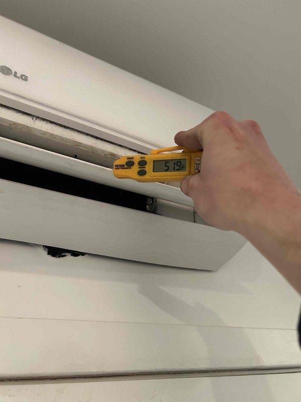 Replaced defective branch box that supplies refrigerant to all three indoor head units on multi-zone LG ductless split system. Performed temperature diagnostics on affected heads, confirming proper airflow and refrigerant distribution post-repair, with discharge temperatures reading within manufacturer specifications.