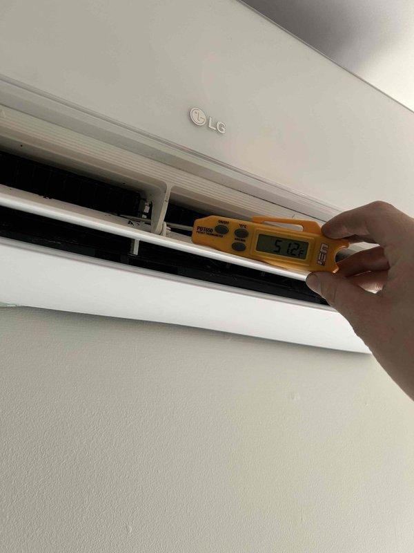 Replaced defective branch box that supplies refrigerant to all three indoor head units on multi-zone LG ductless split system. Performed temperature diagnostics on affected heads, confirming proper airflow and refrigerant distribution post-repair, with discharge temperatures reading within manufacturer specifications.