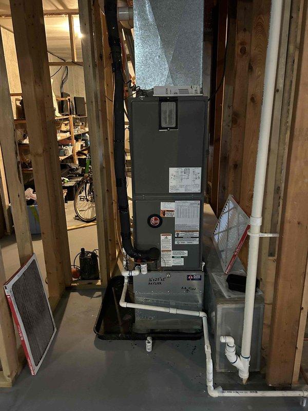 Responded to service call for non-operational air conditioning system with outside unit not running on a nine-year-old Rheem RHU36TSAMJA unit. Upon arrival, performed diagnostic evaluation of the outdoor condenser unit and indoor air handler system. Inspected electrical connections, refrigerant lines, and condensate drainage system. Additionally, installed customer-provided thermostat to replace existing unit, ensuring proper wiring connections and system compatibility with the air handler and outdoor condenser. Verified system operation, tested temperature differentials, and confirmed proper communication between new thermostat and HVAC equipment.