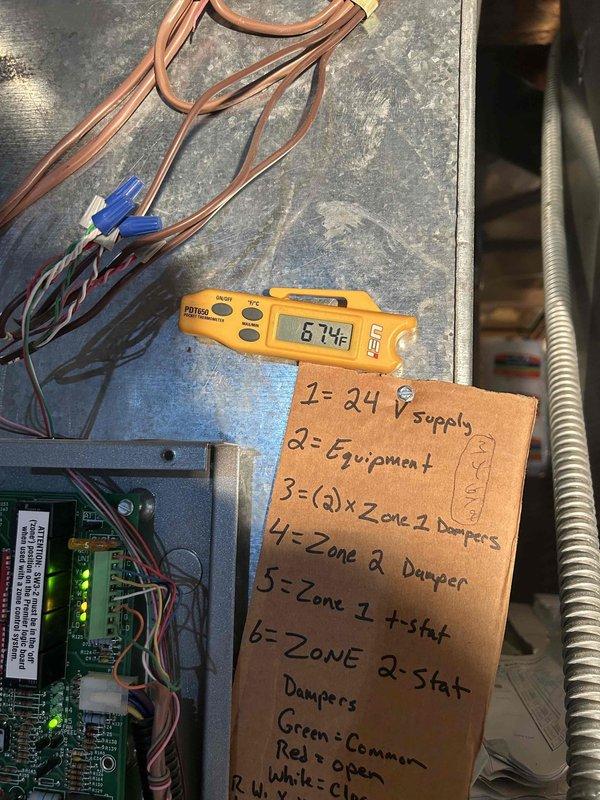 Completed routine Care Plan tune-up on geothermal HVAC system. Performed standard maintenance procedures including system diagnostics, temperature verification showing 67.4°F operation, and pressure testing of refrigerant lines. Inspected multi-zone damper control wiring and documented zone configuration for future reference. Customer provided their own filter for replacement as part of the maintenance visit.