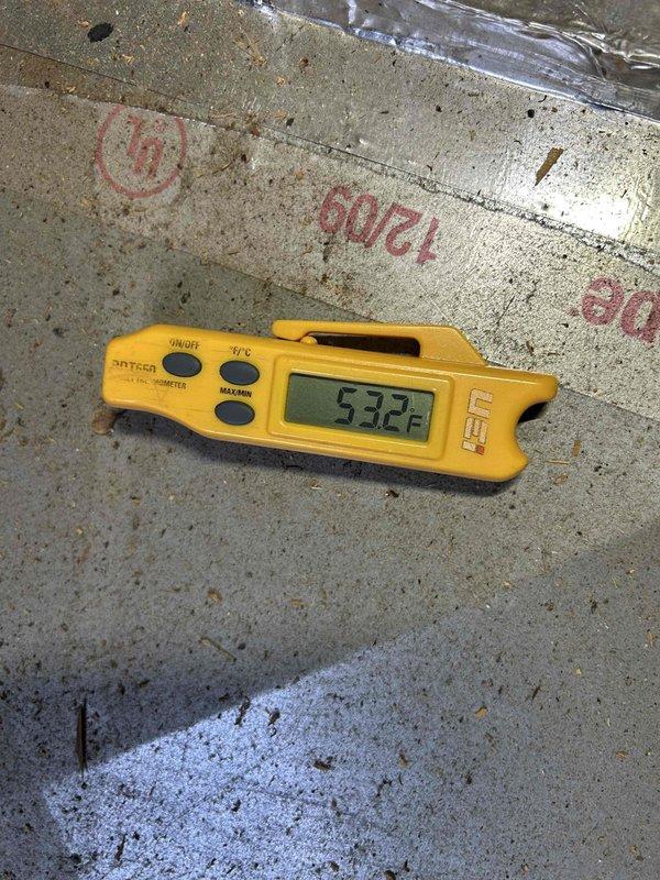 Responded to no-cooling complaint on upstairs 5-6 year old air conditioning system. Upon arrival, confirmed indoor unit was blowing warm air. Performed diagnostic evaluation of the system including visual inspection of indoor air handler components and refrigerant system. Measured supply air temperature at 53.2°F, indicating inadequate cooling performance. Inspected electrical connections, control board, blower motor assembly, and refrigerant lines. Documented system conditions with photographs showing internal components and temperature readings for further assessment and repair recommendations.