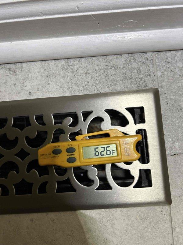 Completed routine AC tune-up on 6-year-old cooling system with heat pump/air handler located in closet. Performed standard maintenance protocol including system inspection, temperature differential testing, and electrical measurements. Supply air temperature measured at 62.8°F at register, with temperature differential of 67.1°F recorded at air handler, confirming proper system operation and adequate cooling performance. All components operating within normal parameters. System maintained per manufacturer specifications.