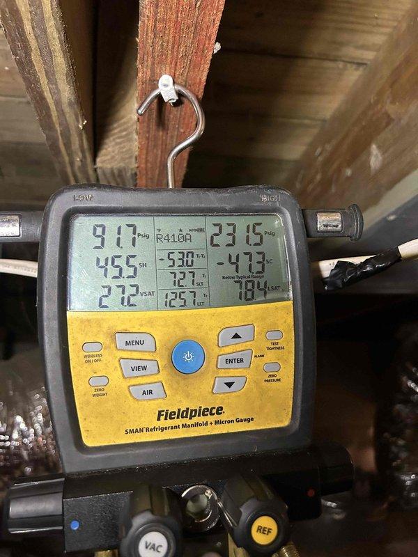 Responded to service call for geothermal heat pump system experiencing high electric bills and continuous operation. System was providing heat but operating inefficiently. Upon arrival, performed comprehensive diagnostics using refrigerant manifold gauge to evaluate system pressures and temperatures across the geothermal unit. Measurements indicated the system was maintaining operational parameters but showing signs of reduced efficiency consistent with a 10+ year old unit. Verified refrigerant charge levels, superheat, and subcool readings on the R-410A system. Documented all pressure and temperature readings for baseline comparison. Advised customer of findings and recommended monitoring system performance. Customer currently enrolled in maintenance care plan with next scheduled maintenance in 2026.