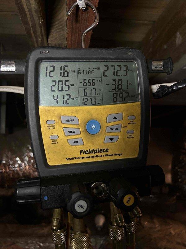 Responded to service call for geothermal heat pump system experiencing high electric bills and continuous operation. System was providing heat but operating inefficiently. Upon arrival, performed comprehensive diagnostics using refrigerant manifold gauge to evaluate system pressures and temperatures across the geothermal unit. Measurements indicated the system was maintaining operational parameters but showing signs of reduced efficiency consistent with a 10+ year old unit. Verified refrigerant charge levels, superheat, and subcool readings on the R-410A system. Documented all pressure and temperature readings for baseline comparison. Advised customer of findings and recommended monitoring system performance. Customer currently enrolled in maintenance care plan with next scheduled maintenance in 2026.