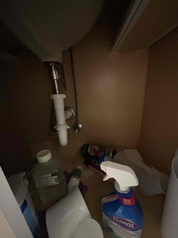 Completed routine 60-point plumbing inspection per customer request with 30-minute advance notification provided. Performed comprehensive visual assessment of under-sink plumbing configuration, including white PVC trap assembly, chrome tailpiece, and sink drain basket connections. Inspected all accessible pipe joints, mounting brackets, and drain components for signs of leaks, corrosion, or deterioration. Verified proper drainage function and confirmed all plumbing fixtures were secure and operating within normal parameters. Documented findings with photographic evidence showing cabinet interior conditions and plumbing infrastructure. No immediate repairs required at time of inspection.