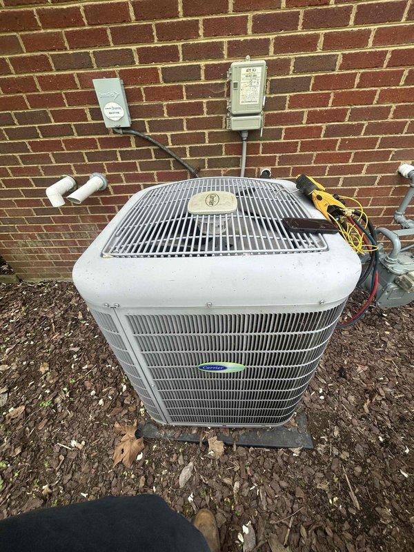 Completed comprehensive Care Plan tune-up on heat pump and air handler system located in attic. Performed diagnostic testing on outdoor condenser unit using digital multimeter to verify electrical performance and system operation. Inspected internal electrical components, wiring connections, and refrigerant line system including copper tubing and service lines. Provided additional air filters as requested (16x25x1 and 20x25x4 sizes) to supplement customer-supplied filters for ongoing maintenance.