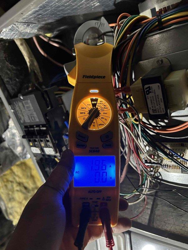 Completed annual care plan tune-up on heat pump and air handler system, including humidifier maintenance with #35 pad replacement. Performed comprehensive electrical diagnostics using clamp meter to verify system amperage and voltage readings, confirming proper operation of all components. Inspected blower motor, capacitor, control board connections, and ductwork insulation as part of preventive maintenance protocol.