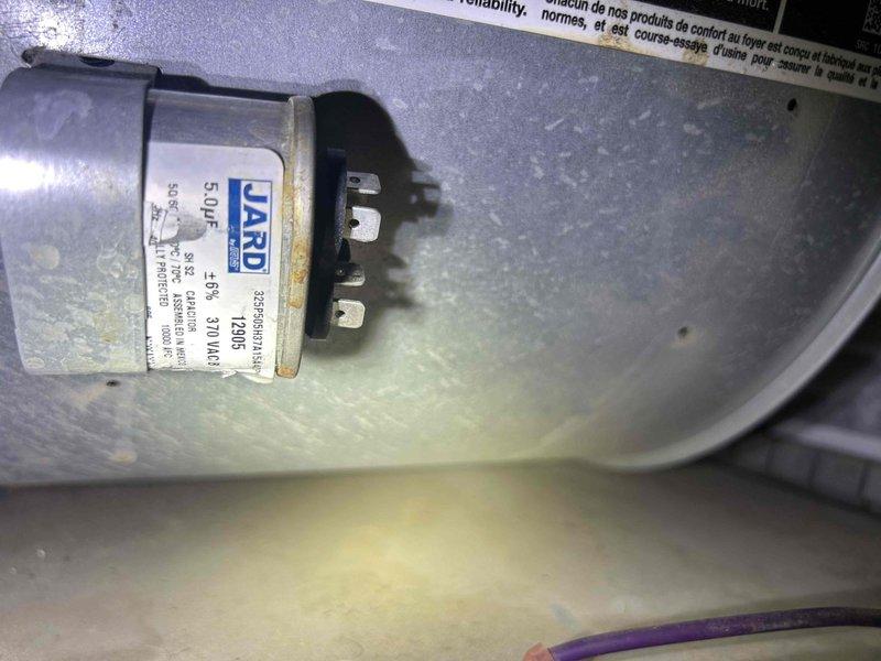 Completed routine HVAC maintenance on basement air handler unit. Inspected and photographed critical components including MARS capacitor and blower wheel assembly, confirming both were in good operating condition with minimal wear and proper functionality.